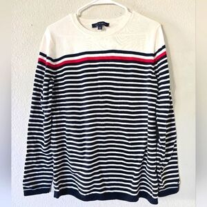 Tommy Hilfiger Womens Long Sleeve Sweater Top, Striped Print Black,Red,White